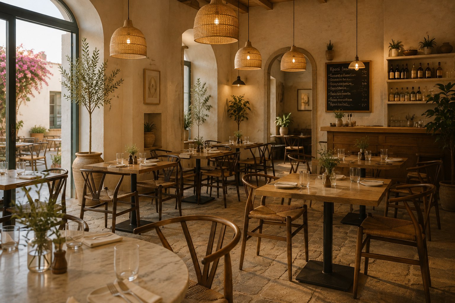 A set but empty dining room during service hours, lamps lit and tables laid