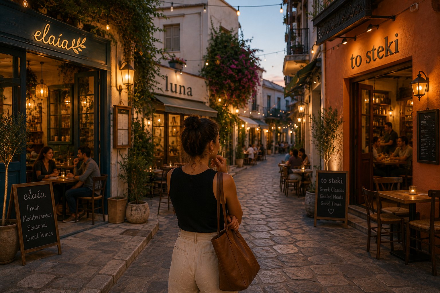 Μια γυναίκα στέκεται σε φωτισμένο πλακόστρωτο δρομάκι το σούρουπο και επιλέγει ανάμεσα σε δύο ταβέρνες με τραπέζια έξω