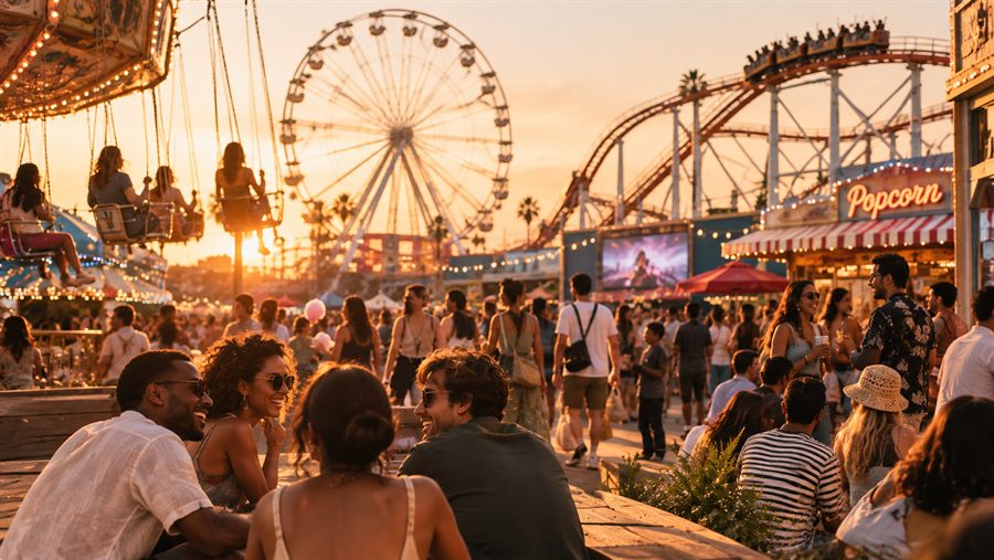 A pier at sunset with a big wheel, a rollercoaster and friends talking at a picnic table