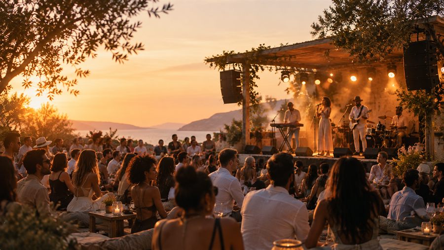 A band playing at sunset above the sea while a seated crowd watches from cushions and low tables