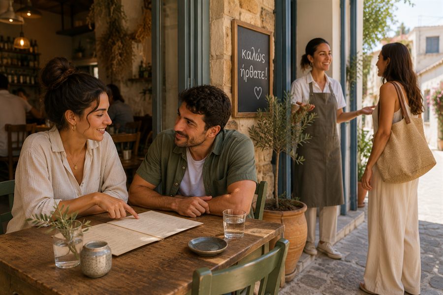 Two guests reading a menu at an outdoor taverna table while the owner welcomes a passer-by