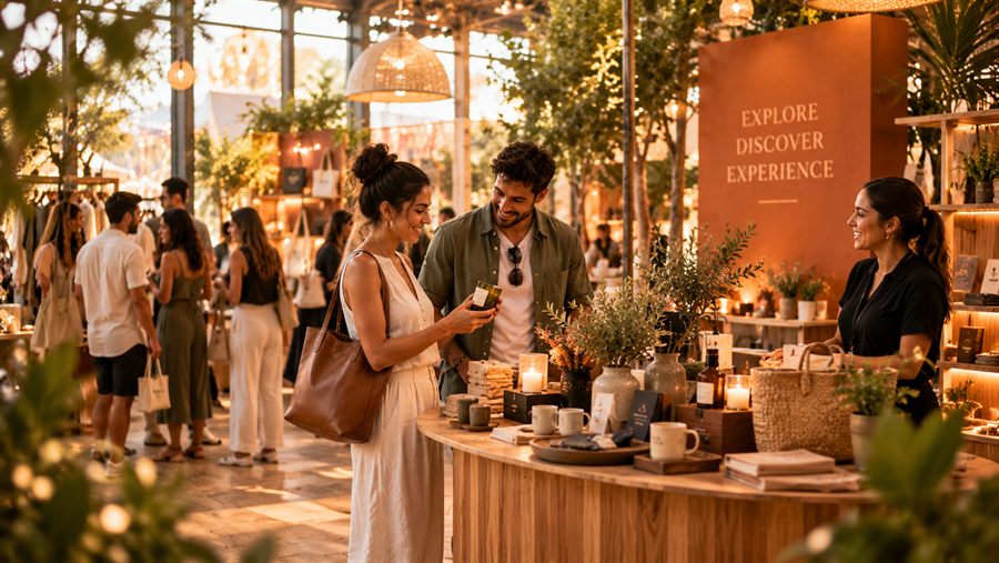 Two shoppers talking with a host at a candlelit market stall under hanging lamps and greenery